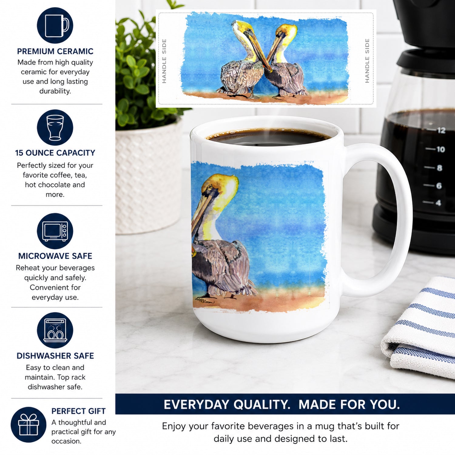 Pelican Ceramic Coffee Mug 15 oz Decorative Large C Handle Mug Cup for Tea, Cocoa Hot Chocolate