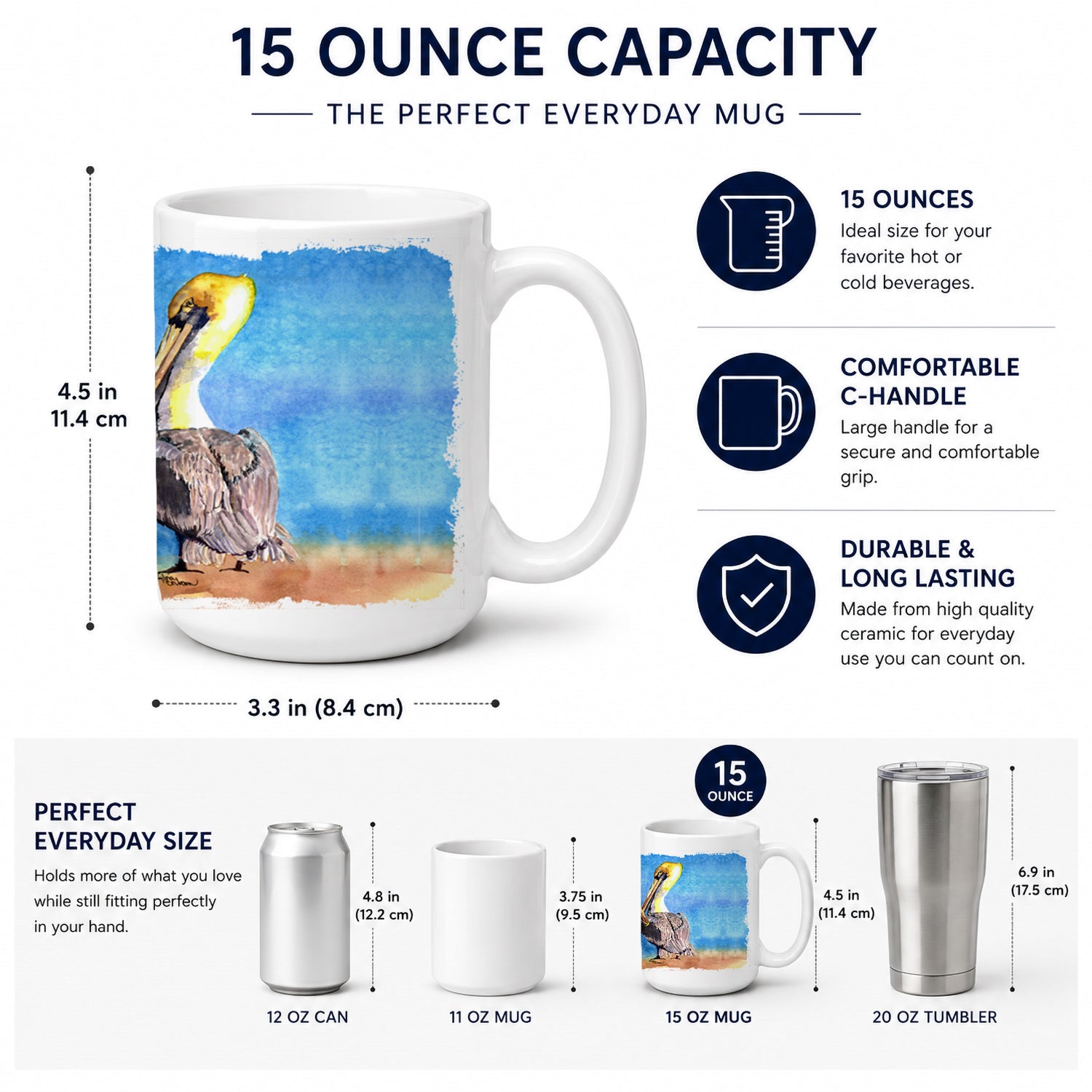 Pelican Ceramic Coffee Mug 15 oz Decorative Large C Handle Mug Cup for Tea, Cocoa Hot Chocolate