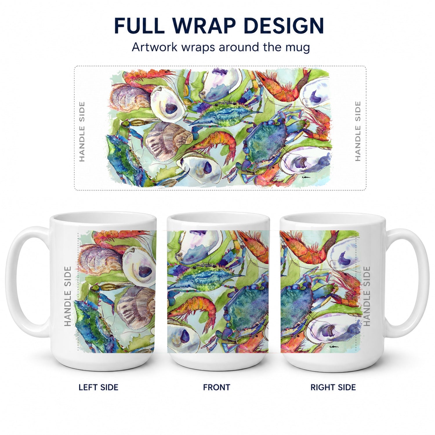 Crab Shrimp Oysters Ceramic Coffee Mug 15 oz Decorative Large C Handle Mug Cup for Tea, Cocoa Hot Chocolate