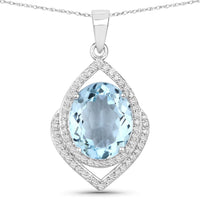 3.82 Carat Genuine Aquamarine and White Diamond 14K White Gold Pendant