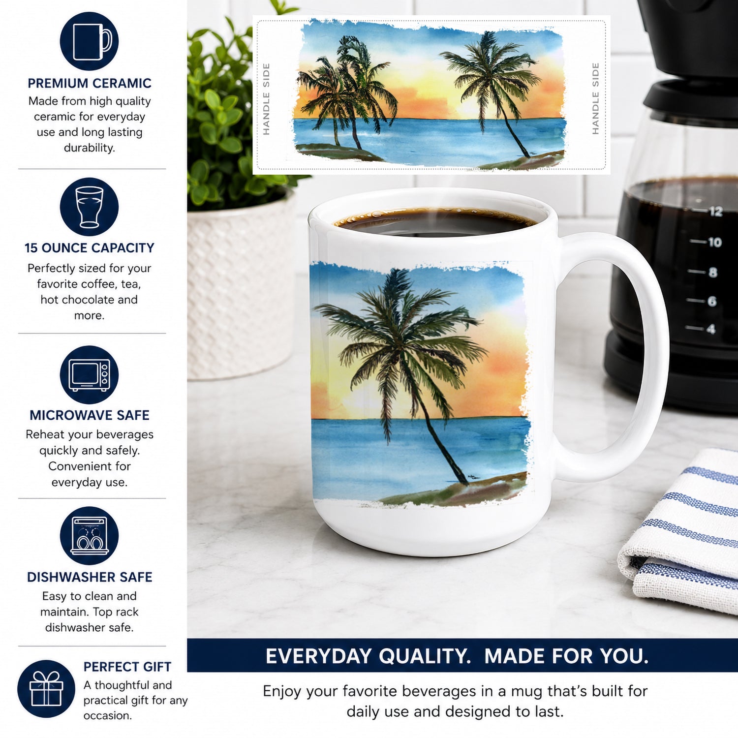 Palm Tree Ceramic Coffee Mug 15 oz Decorative Large C Handle Mug Cup for Tea, Cocoa Hot Chocolate
