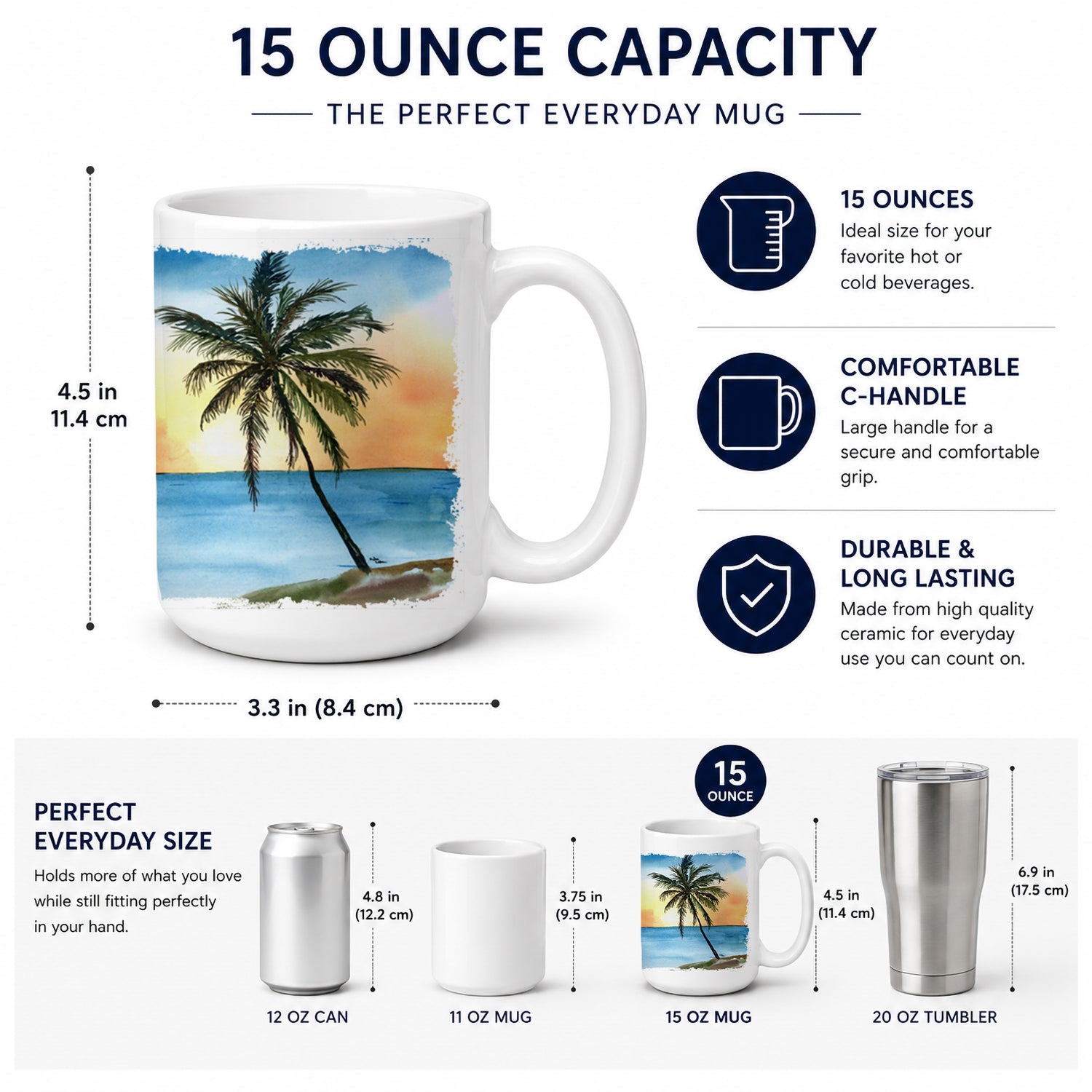 Palm Tree Ceramic Coffee Mug 15 oz Decorative Large C Handle Mug Cup for Tea, Cocoa Hot Chocolate