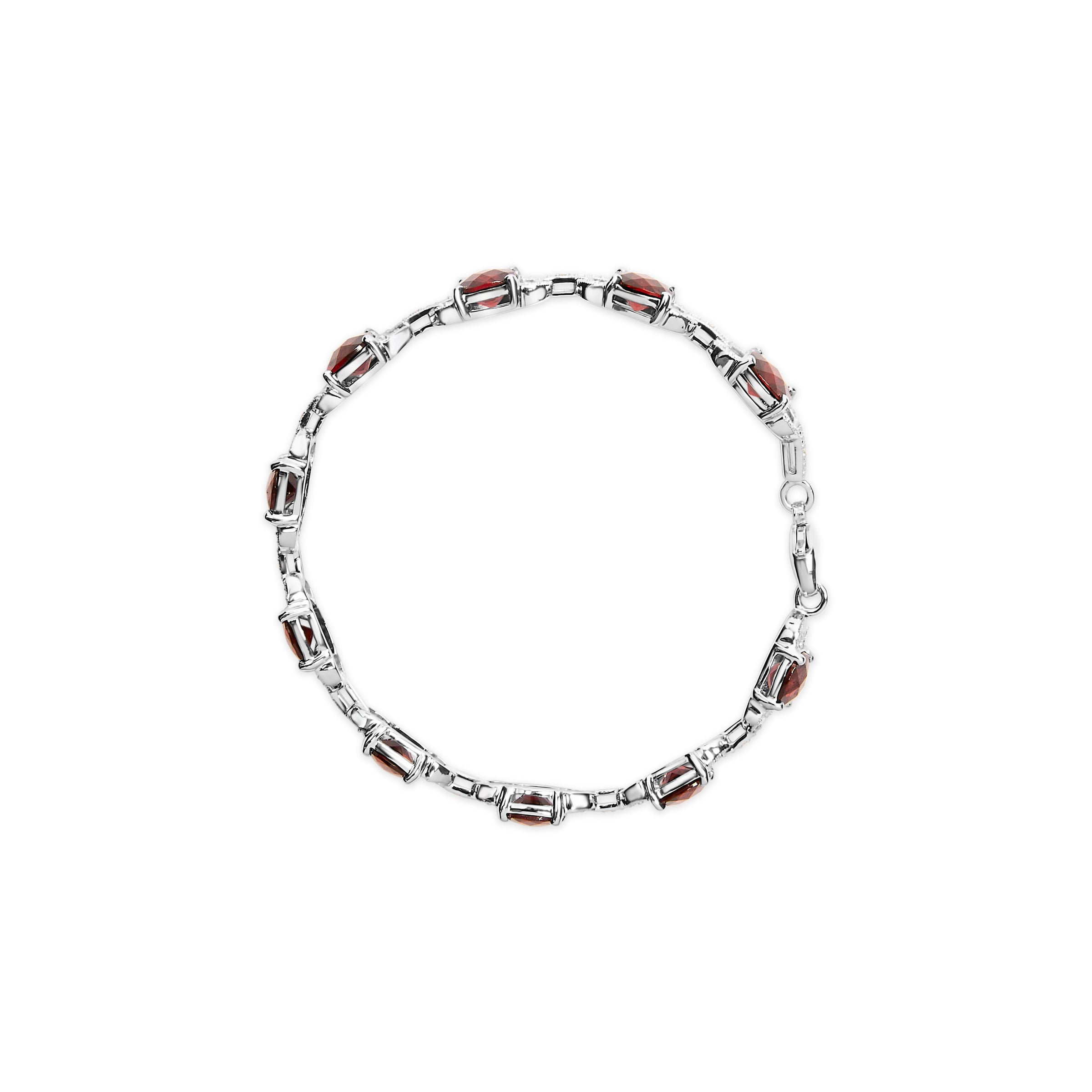 .925 Sterling Silver 7x7mm Checkered Cushion Red Garnet and Diamond Accent Fashion Tennis Link Bracelet (I-J Color, I1-I2 Clarity) - Size 7" Inch