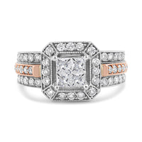 14K White and Rose Gold 1 1/8 Cttw Princess and Round-Cut Diamond Art Deco Style Triple Shank Halo Cocktail Ring (I-J Color, SI2-I1 Clarity) - Size 7