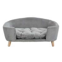 Elevated Dog Bed Frame for Small Dog, Corduroy Pet Couch Bed with Rubber Wood Legs and Supportive Foam, Grey, Easy Assem