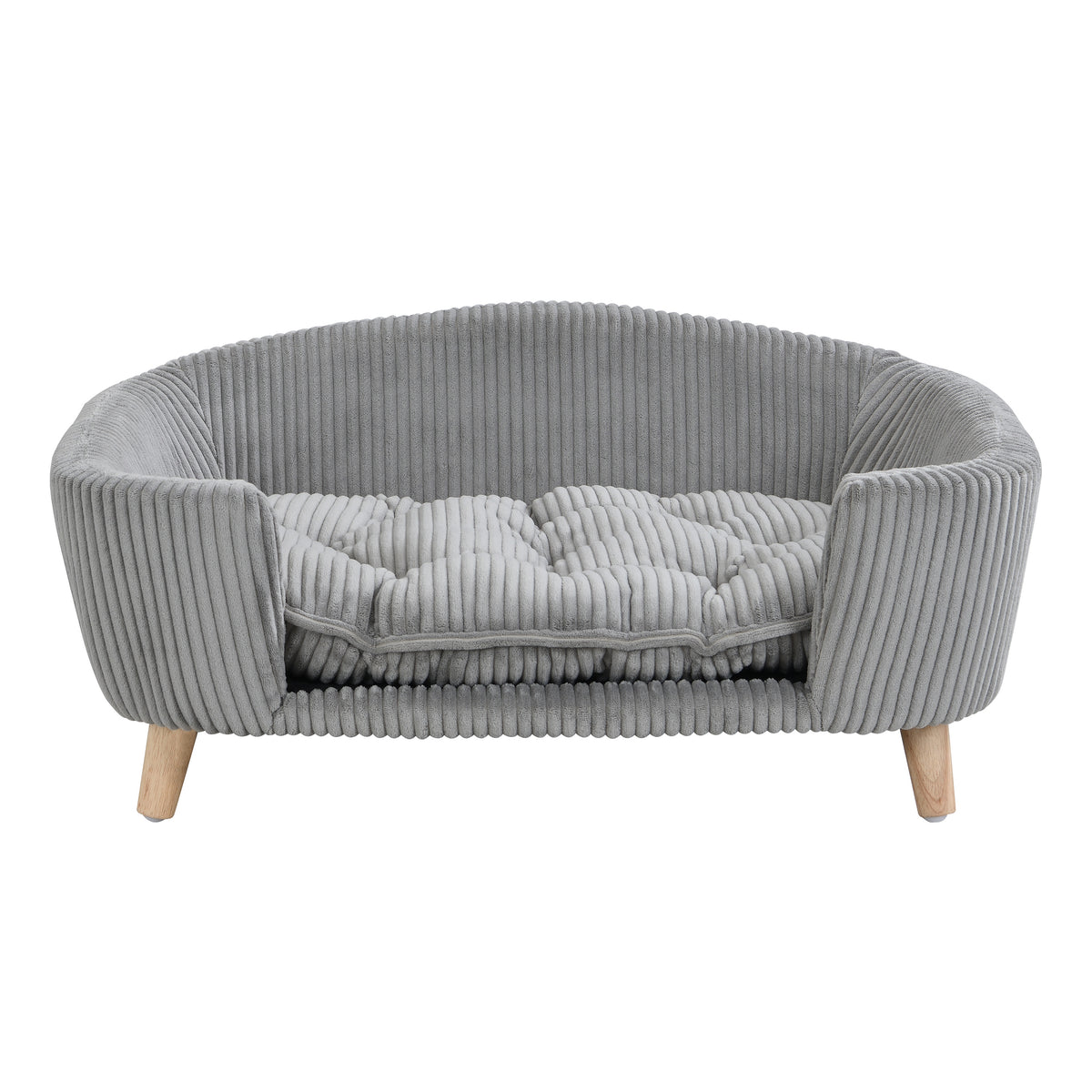 Elevated Dog Bed Frame for Small Dog, Corduroy Pet Couch Bed with Rubber Wood Legs and Supportive Foam, Grey, Easy Assem