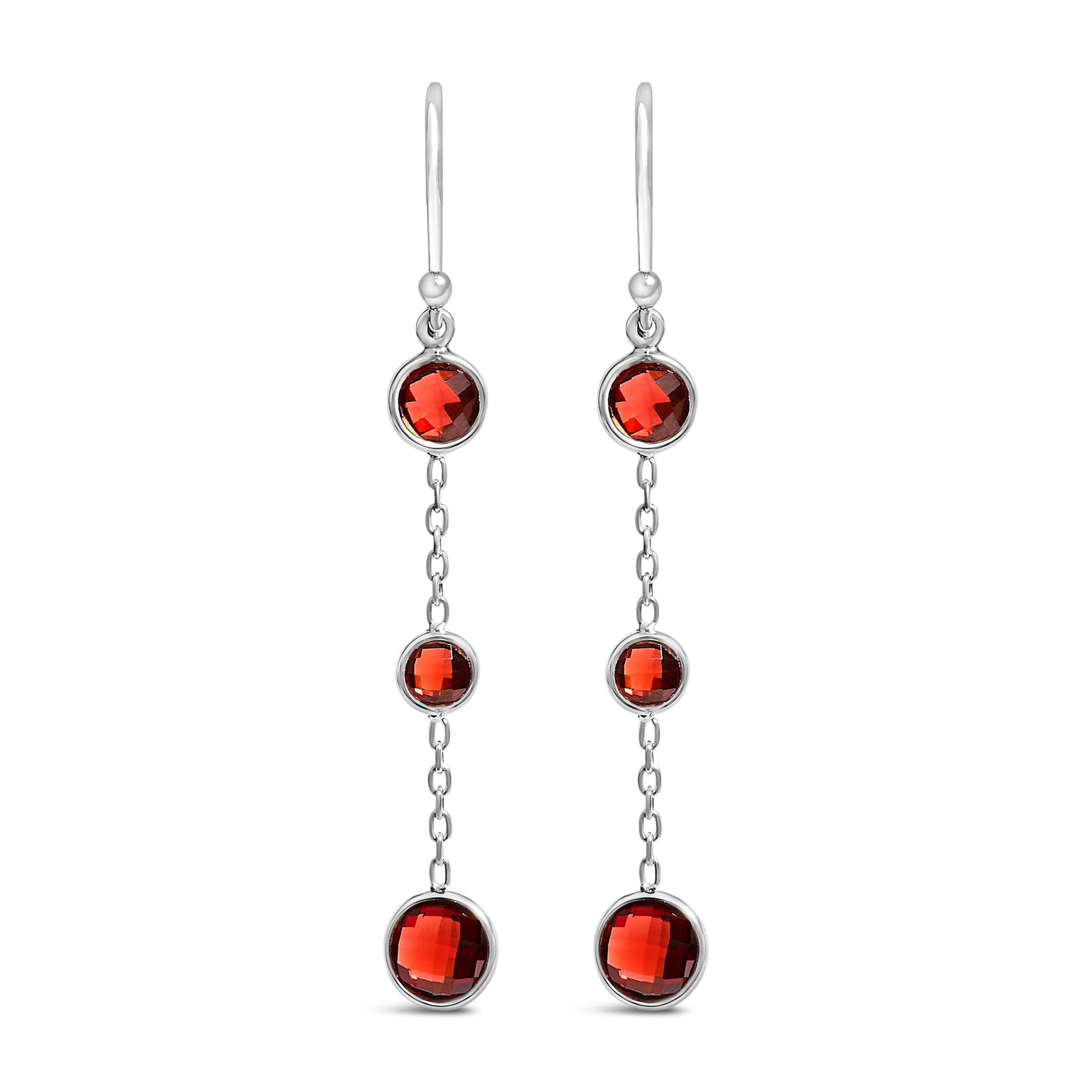.925 Sterling Silver Graduating Bezel Set Red Garnet Dangle Earring