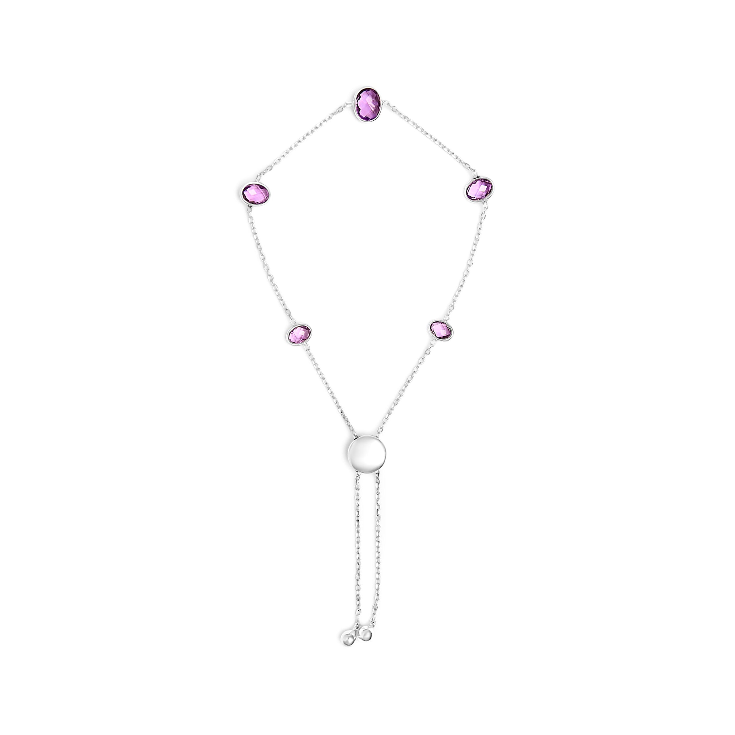 .925 Sterling Silver Bezel Set Purple Amethyst 5 Station Adjustable Bolo Bracelet