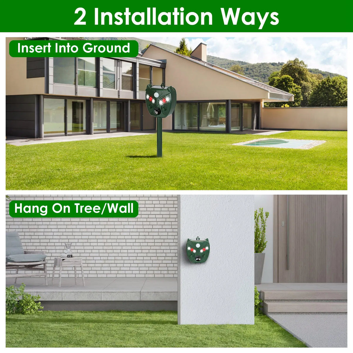 5Setting Outdoor Ultrasonic Deterrent Unit, Solar and Micro USB Dual Charging, PIR Motion Detection, IP44 ABS Constructi