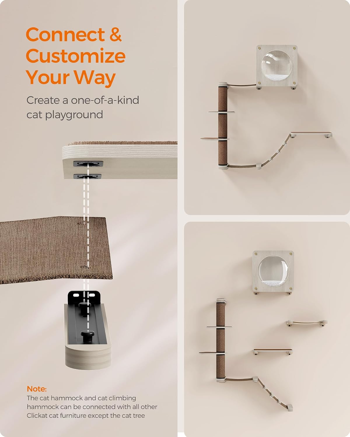Set Of 5 Clickat Oasis Cat Climbing Wall, Cat Board, Hammock, Scratching Column, Interchangeable Washable Parts, Brown O