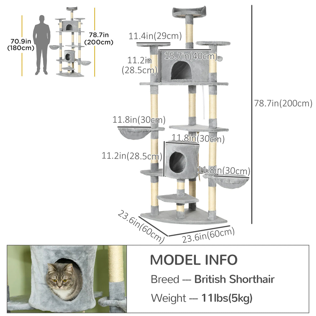 79" Cat Tree Multi-Level with Two Condos, Kitty Tower with Scratching Posts, Two Hammocks, Perches, Interactive Toys, Da