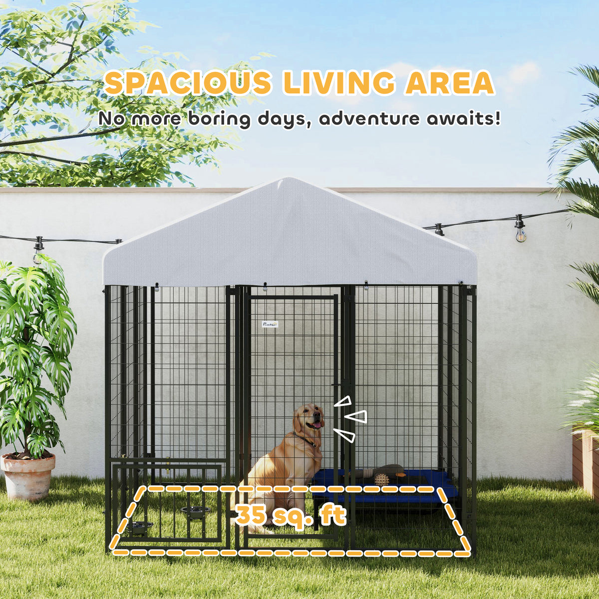 5.9 x 5.9 x 6 Outdoor Dog Kennel with Roof, Rotating & 4-Level Adjustable Bowls