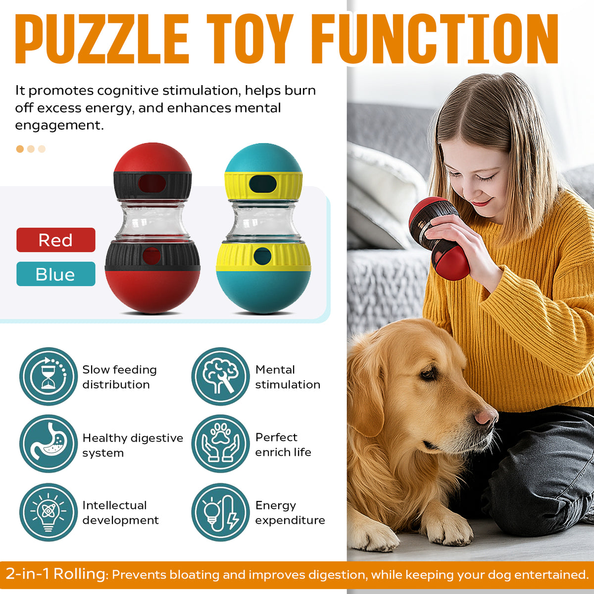 Dog Puzzle Toy, Adjustable Treat Dispensing Ball Food Dispenser Tough Slow Feeder Puppy Enrichment Training Toy Pet Inte