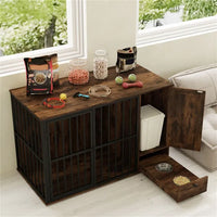 Coffee 2-in-1 Dog Crate End Table With Pull-Out Feeder, Chew-Resistant Metal Tube Pet Furniture For Small & Medium Dogs