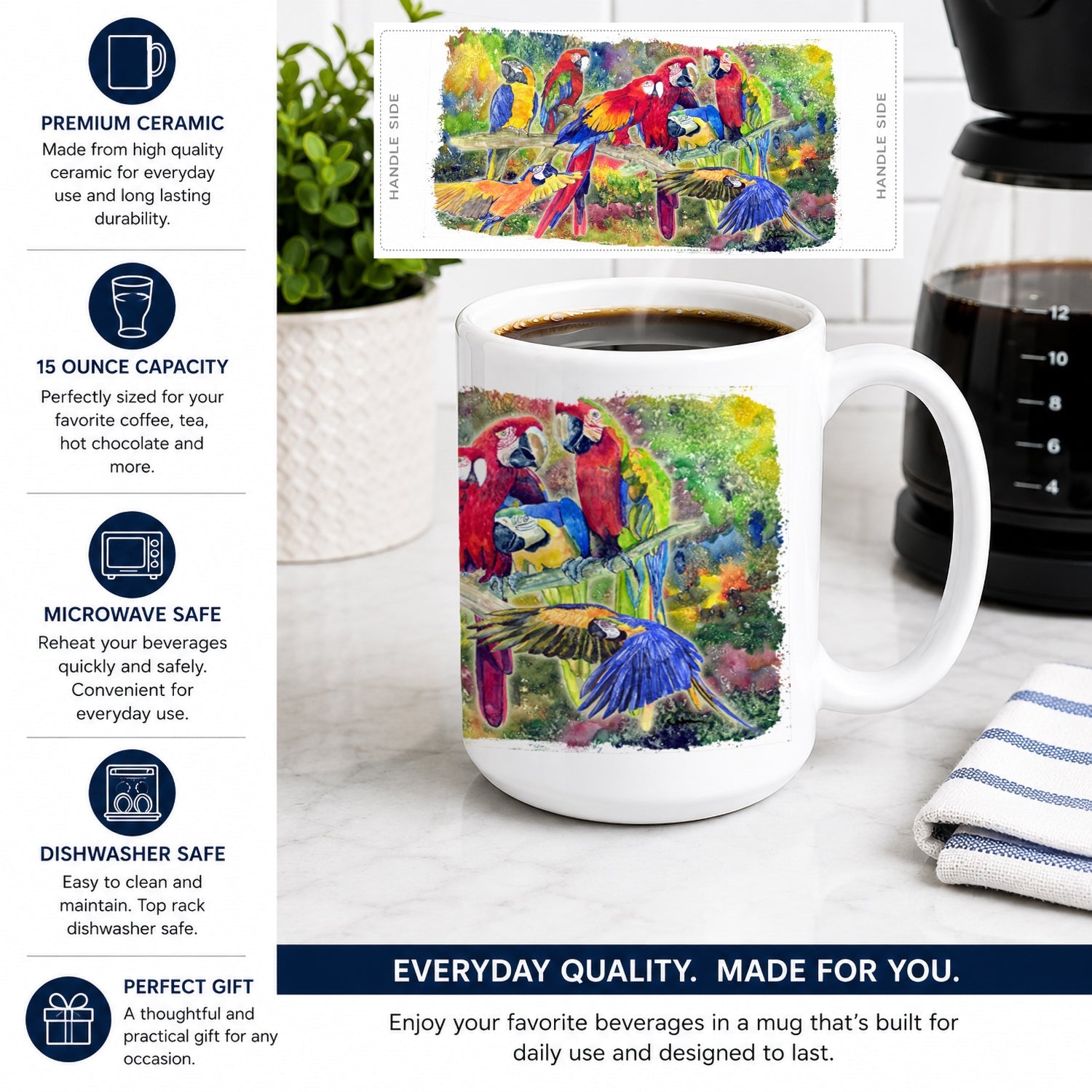 Parrot Ceramic Coffee Mug 15 oz Decorative Large C Handle Mug Cup for Tea, Cocoa Hot Chocolate