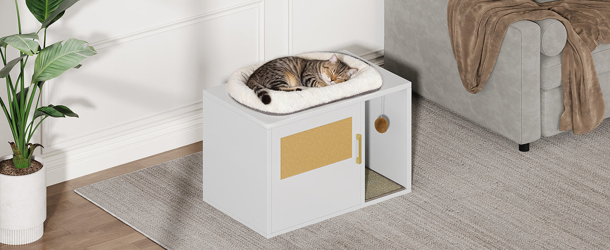 Cat Litter Box Cabinet Multifunctional White Modern Cat House Washroom End Table For Bedroom Living Room