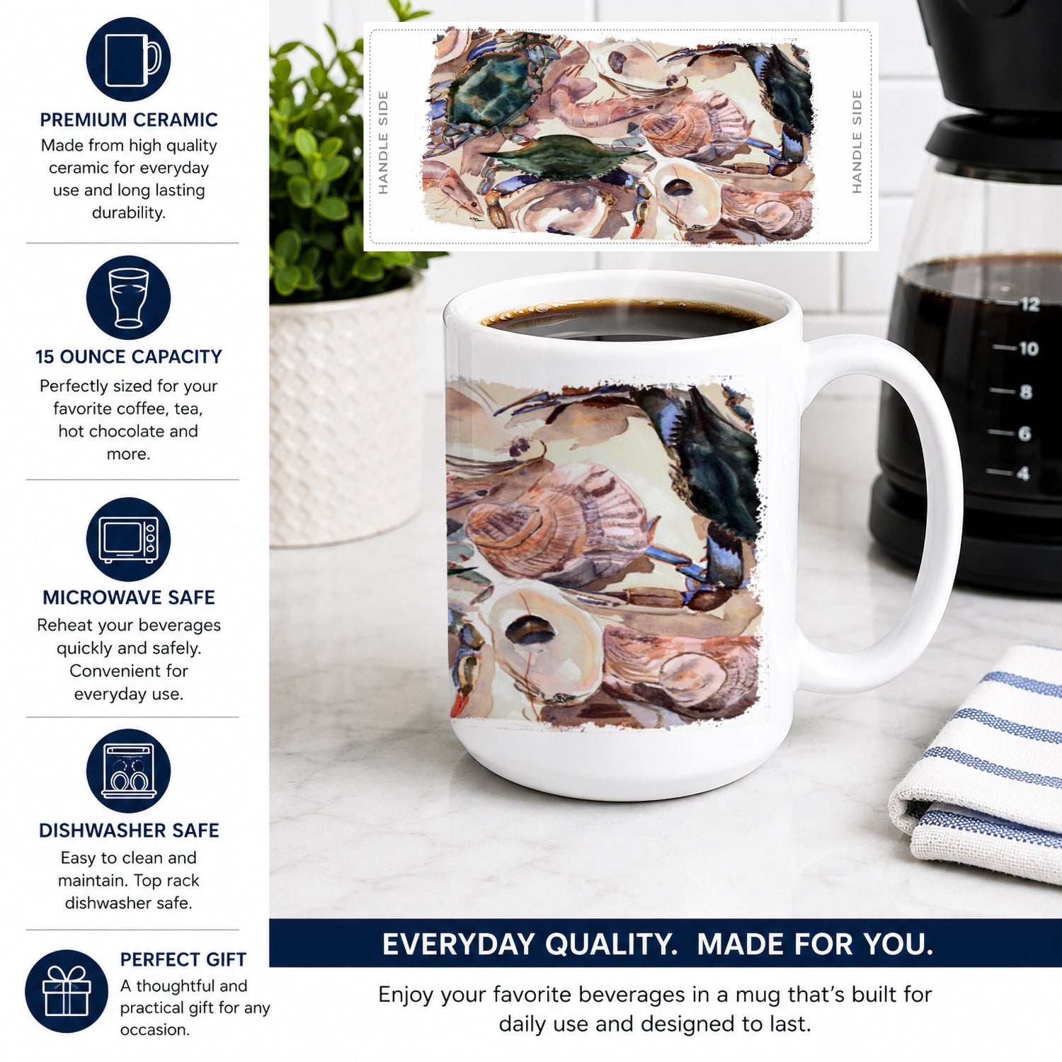 Crab Ceramic Coffee Mug 15 oz Decorative Large C Handle Mug Cup for Tea, Cocoa Hot Chocolate