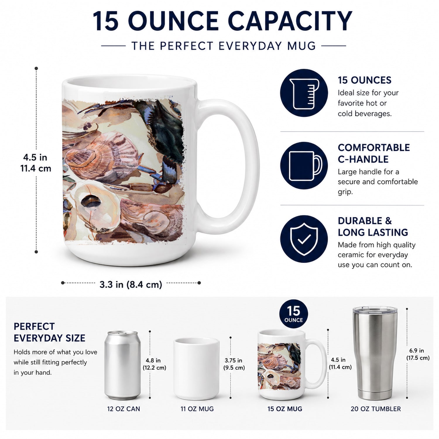 Crab Ceramic Coffee Mug 15 oz Decorative Large C Handle Mug Cup for Tea, Cocoa Hot Chocolate