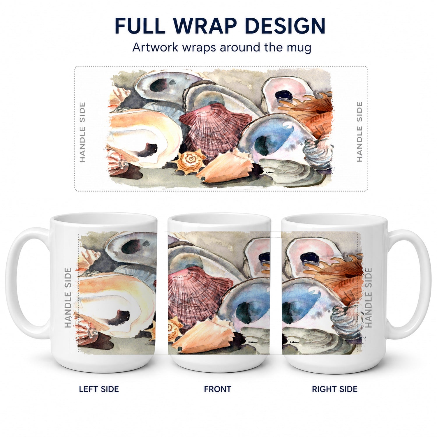 Sea Shells Ceramic Coffee Mug 15 oz Decorative Large C Handle Mug Cup for Tea, Cocoa Hot Chocolate