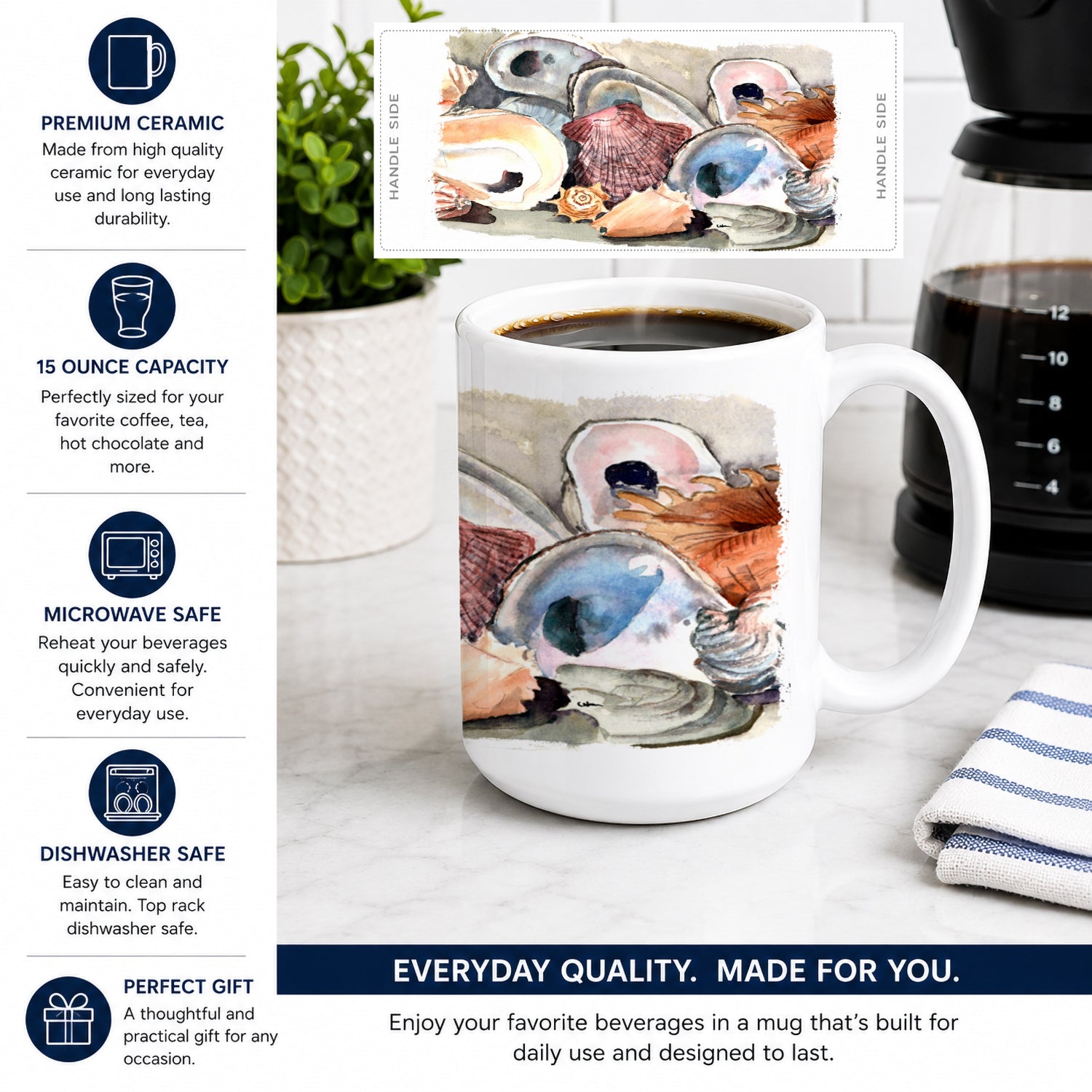 Sea Shells Ceramic Coffee Mug 15 oz Decorative Large C Handle Mug Cup for Tea, Cocoa Hot Chocolate