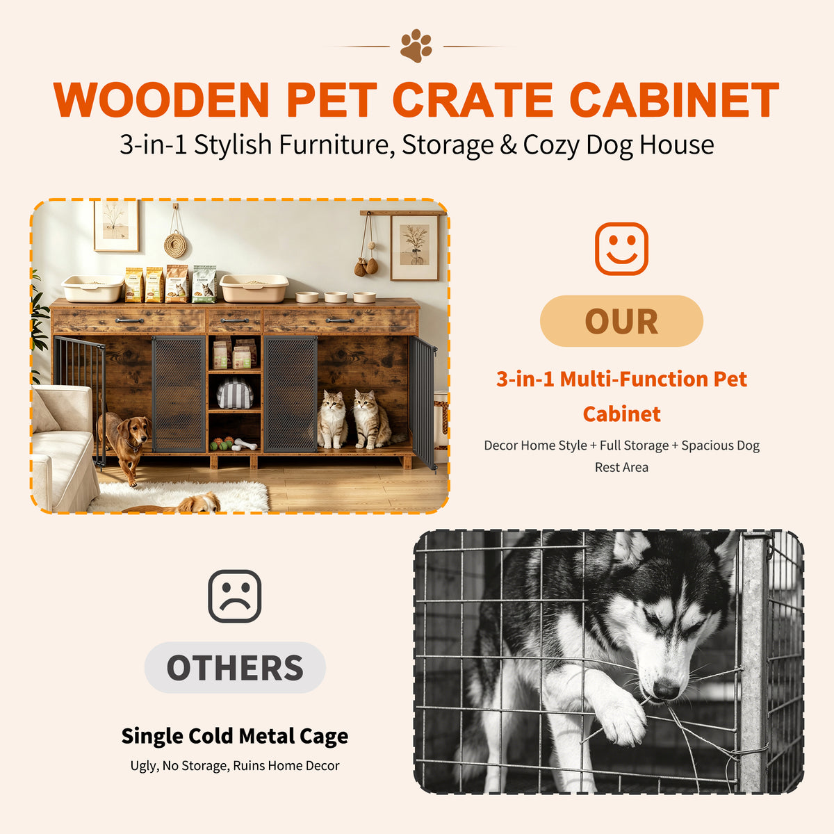 Large Wooden Dog Crate Furniture, Multi-Functional Pet Cage Cabinet with Storage