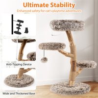 Multi-level Natural Pear Wood Cat Tree, Sisal Scratching Posts, Plush Balls, Long Plush Fabric