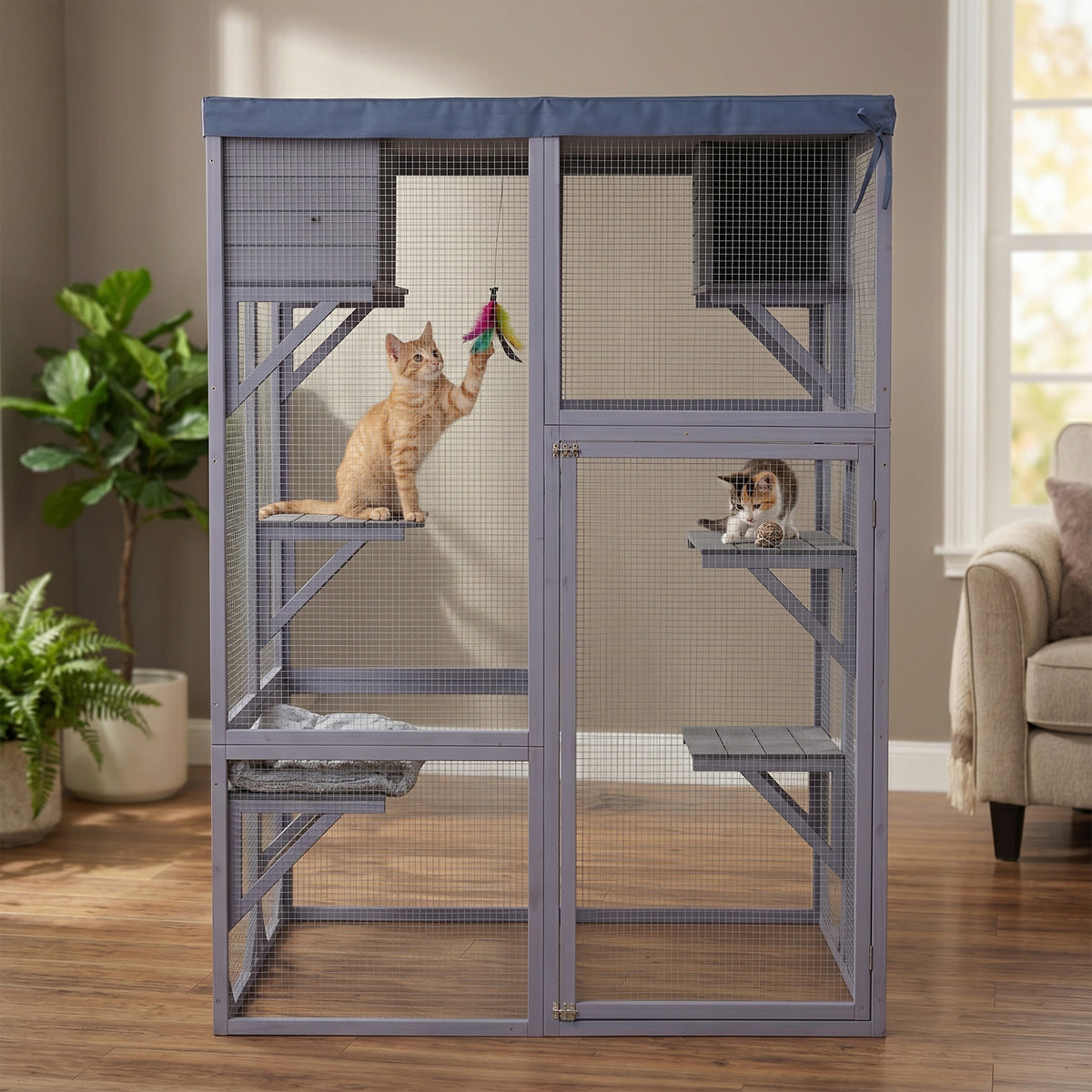 Outdoor Wooden Catio Multi-functional Cat Enclosure, 4 Platforms & 2 Napping Houses, 2 Strong Locks, Rounded Corner, Ste