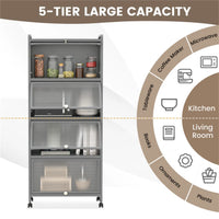 5-Tier Rolling Microwave Stand Flip Dust-Proof Doors 4 Casters with Brakes Kitchen Storage Rack Gray