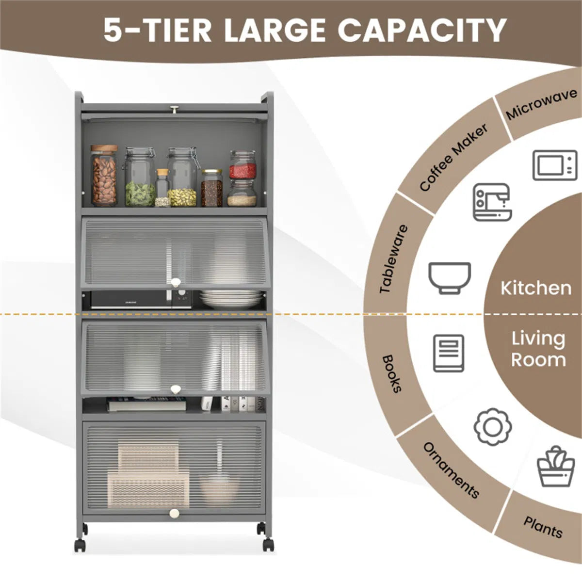 5-Tier Rolling Microwave Stand Flip Dust-Proof Doors 4 Casters with Brakes Kitchen Storage Rack Gray