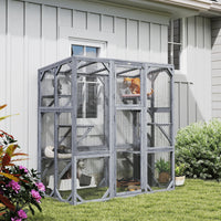 Large Wooden Catio Outdoor with 6 Jumping Platforms, Weatherproof Roof, for 1-3 Cats, 59" x 28" x 60", Gray