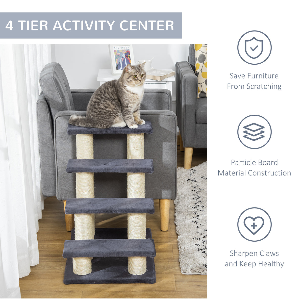 Cat Tree with 4 Steps for High Beds w/ Sisal Scratching Post