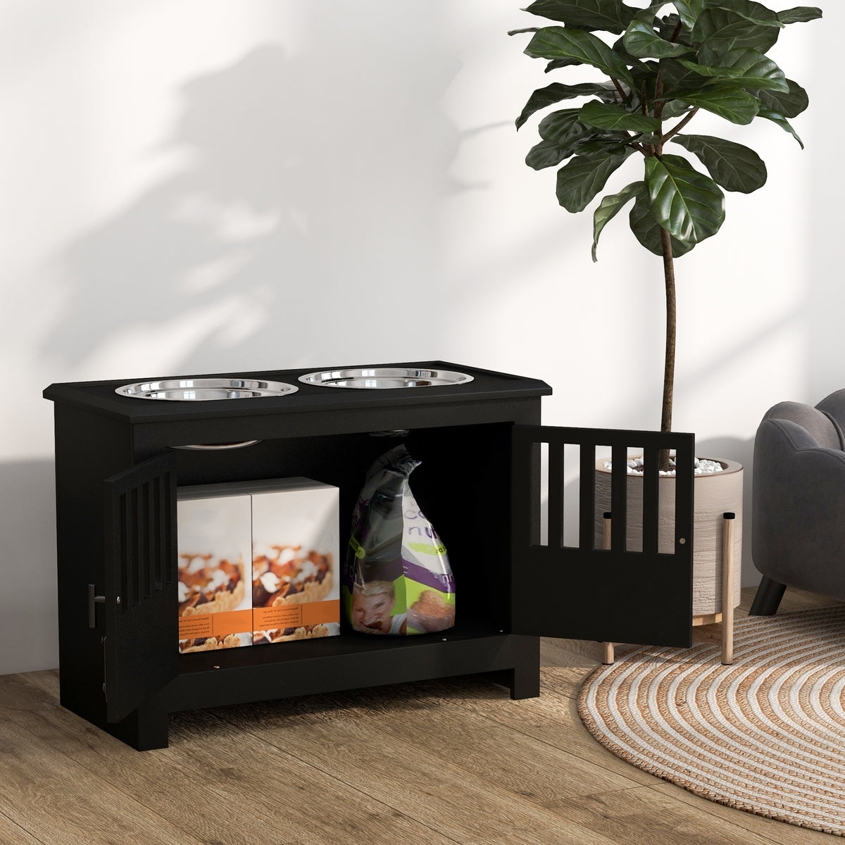 Dog Food Storage Cabinet with Bowls & Dog Feeding Station, Black
