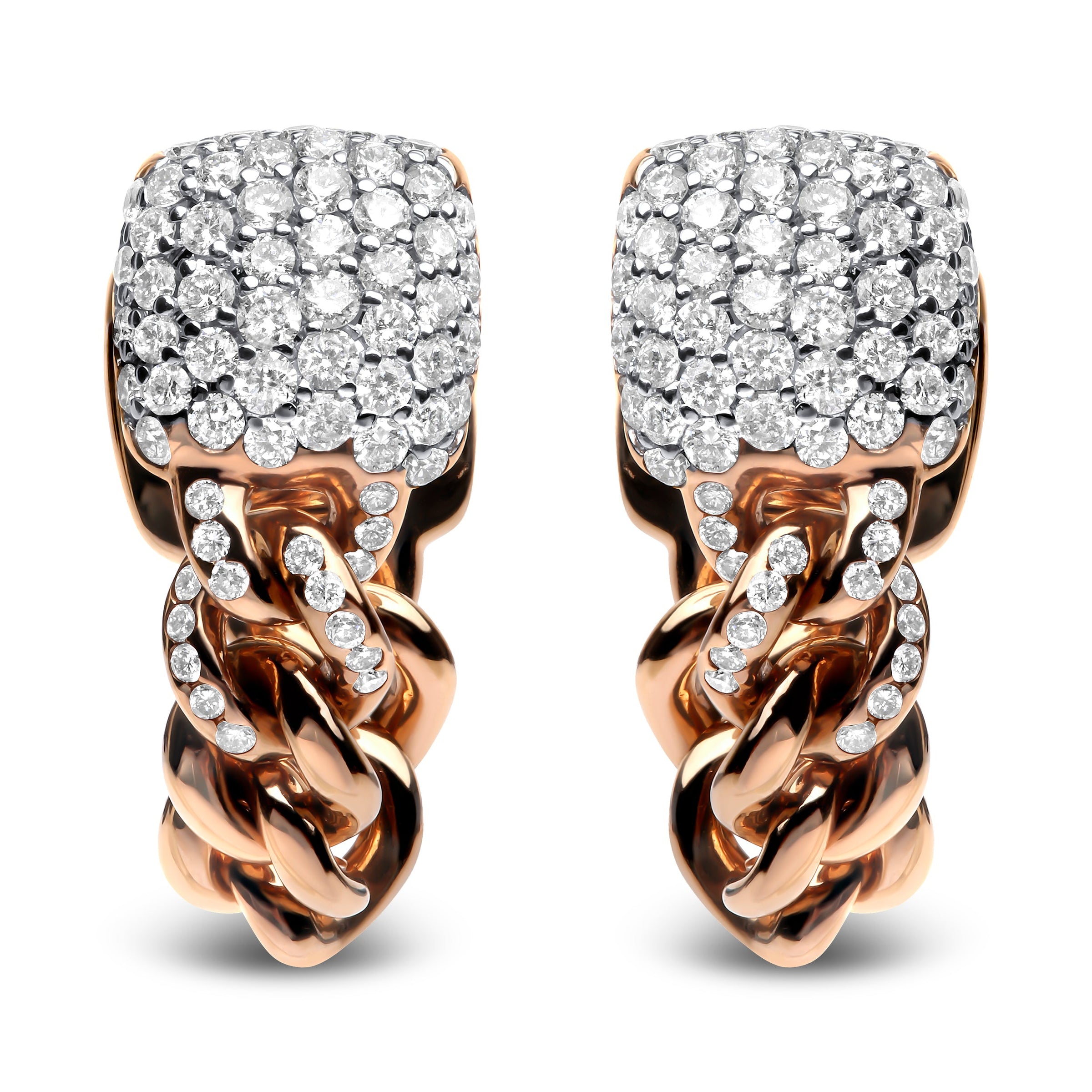 18K Rose Gold 3/4 Cttw Round Diamond Pave Cuban Chain Huggie Earrings (G-H Color, SI1-SI2 Clarity)