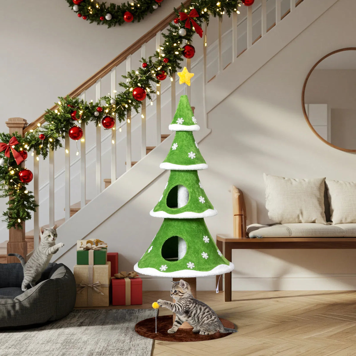 59in Large Tall Christmas Tree Cat Tower with 2 Cat Condos & Scratching Post, Soft Fleece Cat Tree with Teaser Toy & Stu