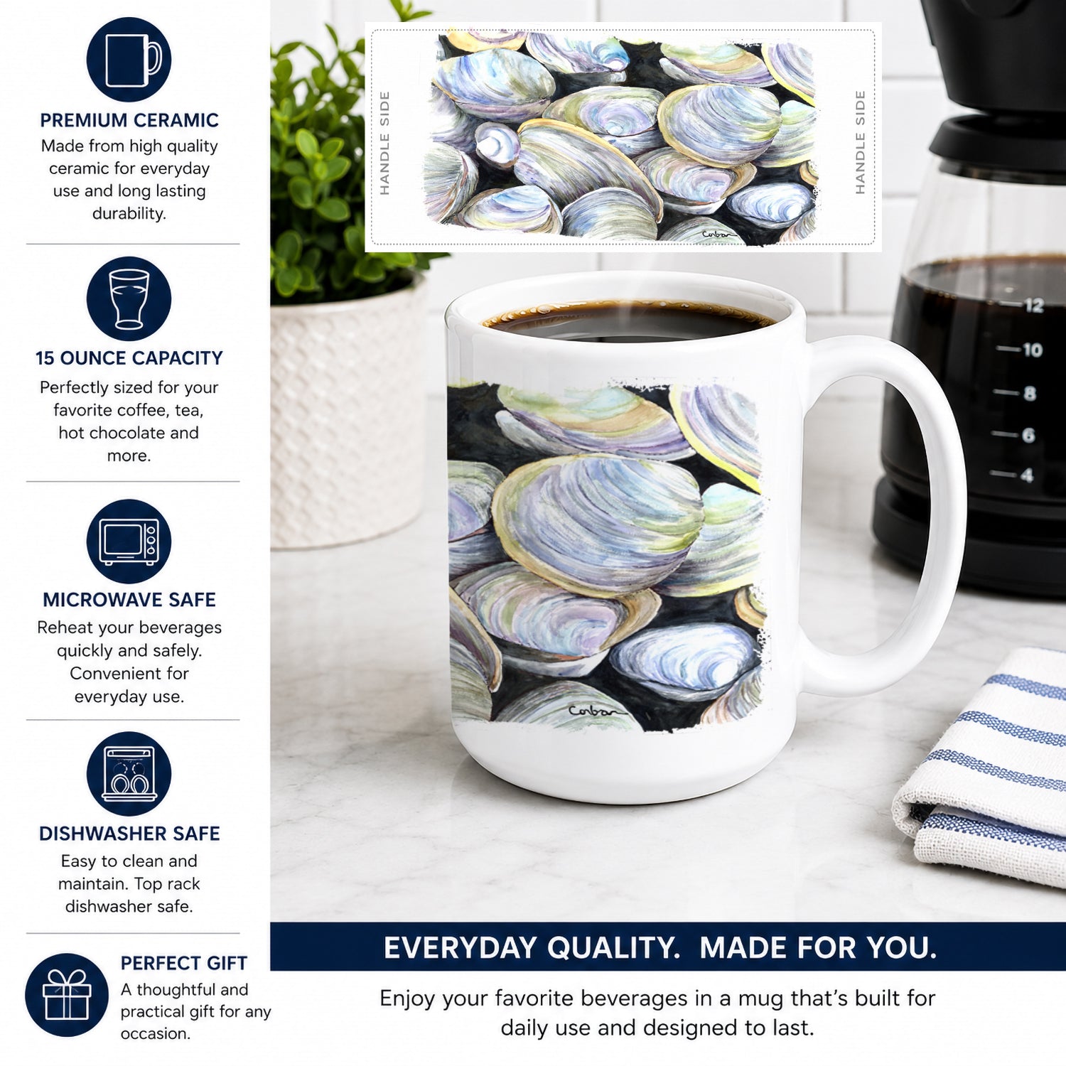 Clam Quahog Ceramic Coffee Mug 15 oz Decorative Large C Handle Mug Cup for Tea, Cocoa Hot Chocolate