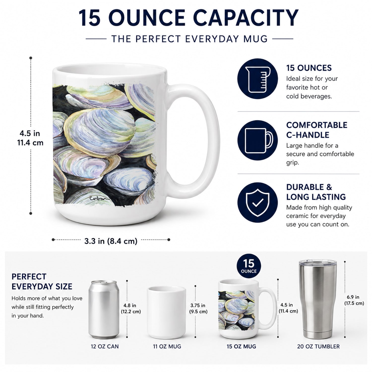 Clam Quahog Ceramic Coffee Mug 15 oz Decorative Large C Handle Mug Cup for Tea, Cocoa Hot Chocolate