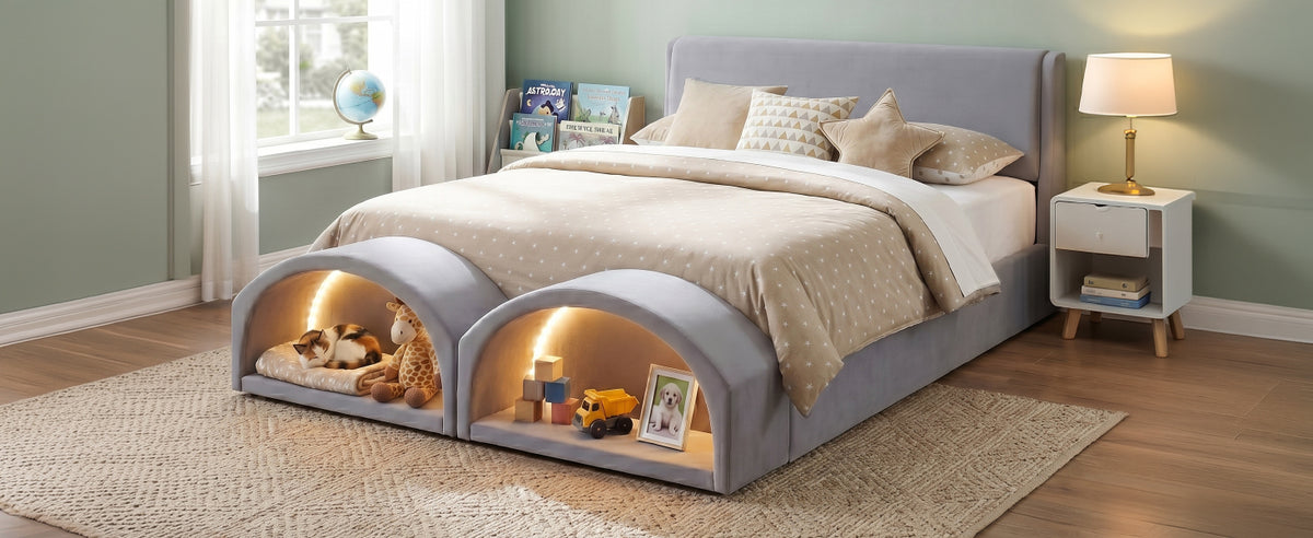 Queen Size Upholstered Platform Bed Frame with Dual Cat Caves, LED Lighted Pet Nests at Footboard, Gray