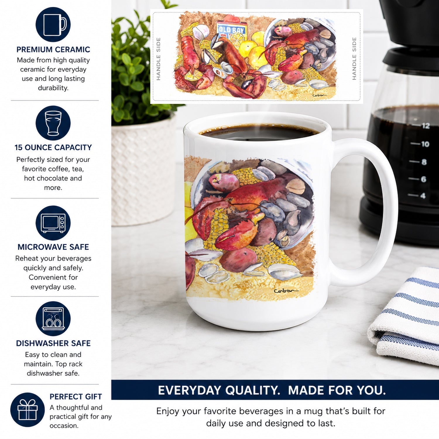 Lobster with Old Bay Ceramic Coffee Mug 15 oz Decorative Large C Handle Mug Cup for Tea, Cocoa Hot Chocolate
