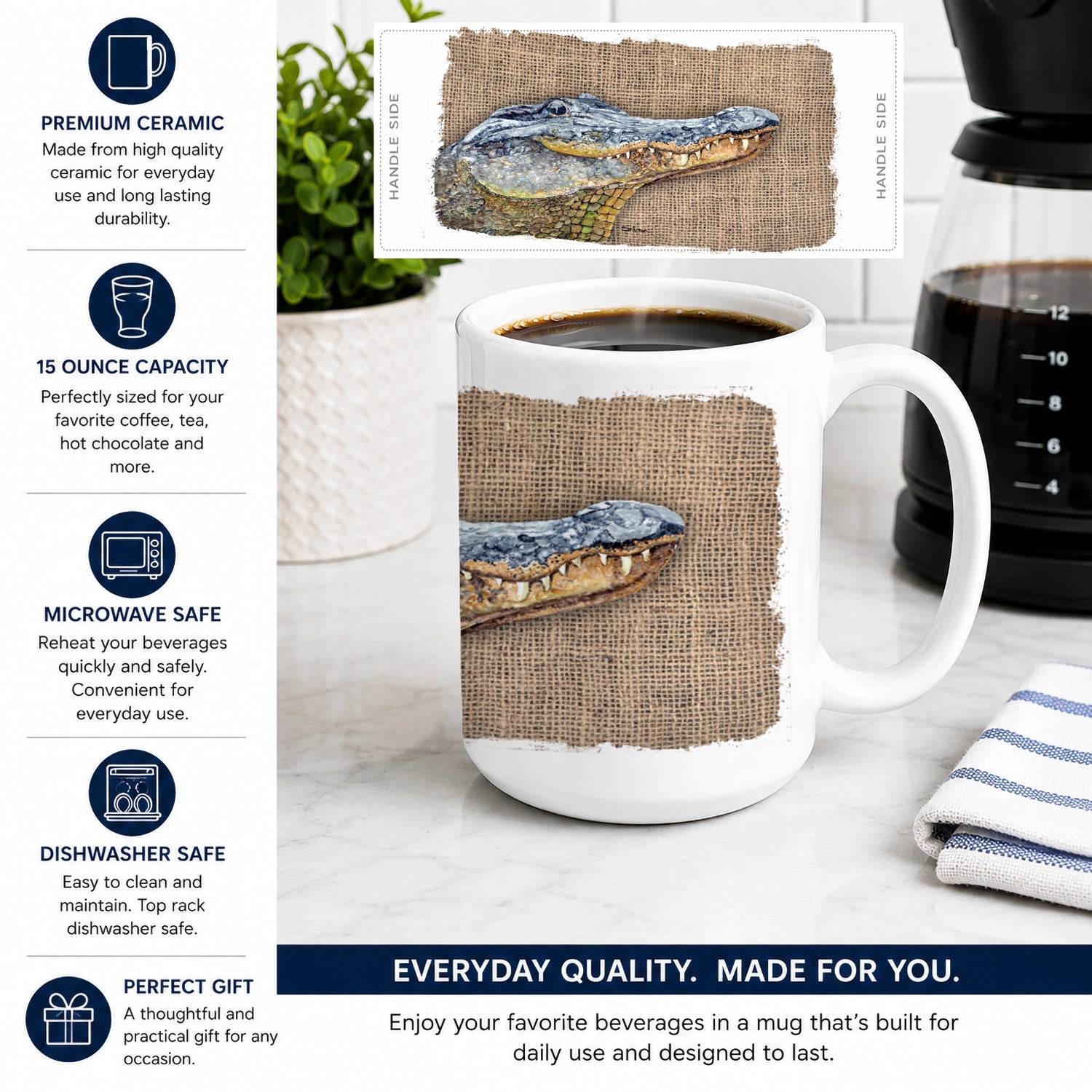 Alligator Ceramic Coffee Mug 15 oz Decorative Large C Handle Mug Cup for Tea, Cocoa Hot Chocolate
