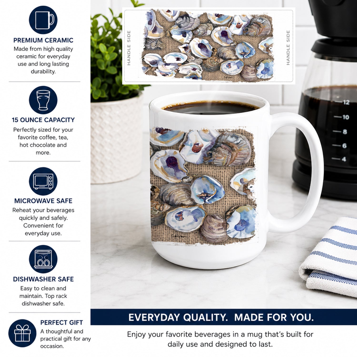 Oyster Ceramic Coffee Mug 15 oz Decorative Large C Handle Mug Cup for Tea, Cocoa Hot Chocolate