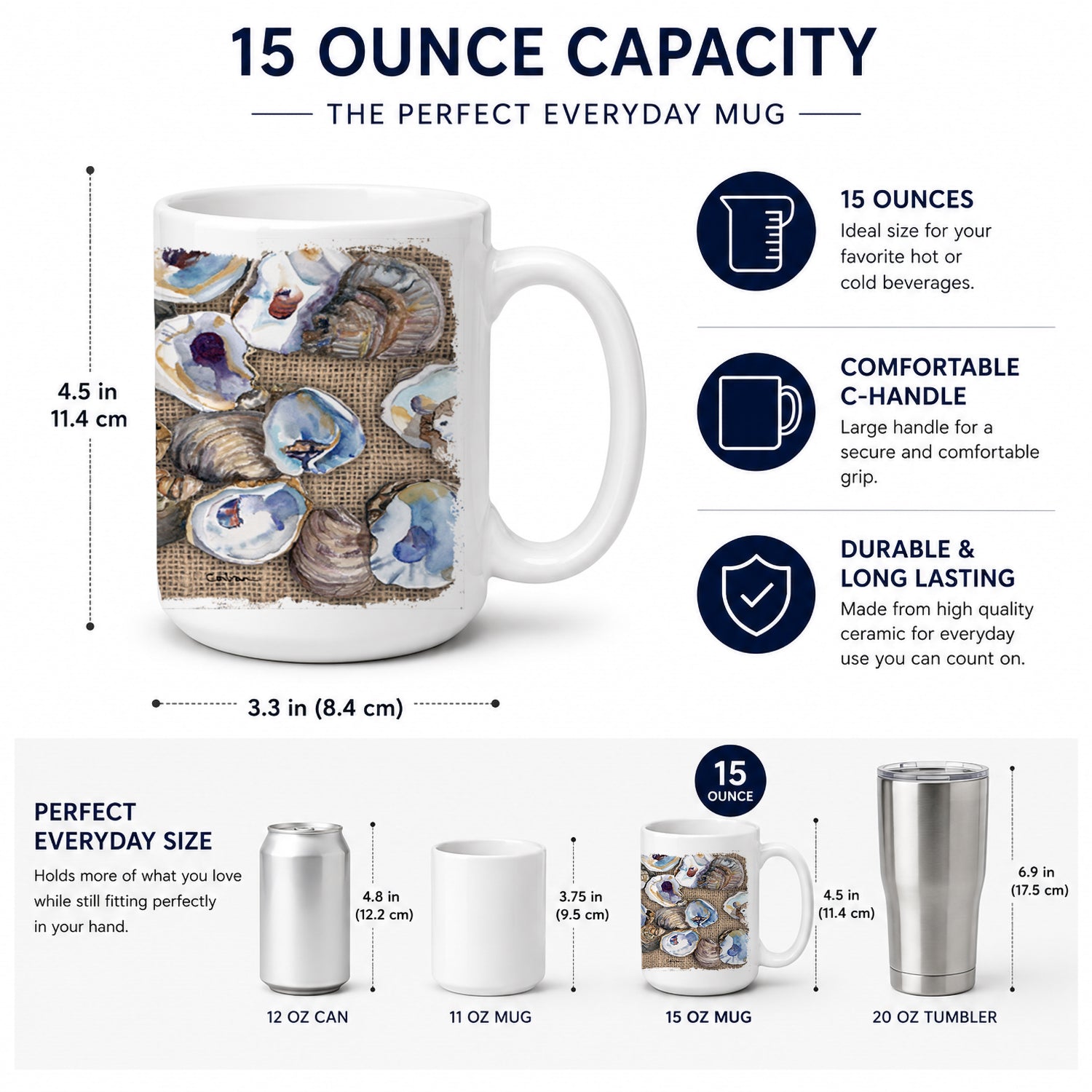 Oyster Ceramic Coffee Mug 15 oz Decorative Large C Handle Mug Cup for Tea, Cocoa Hot Chocolate