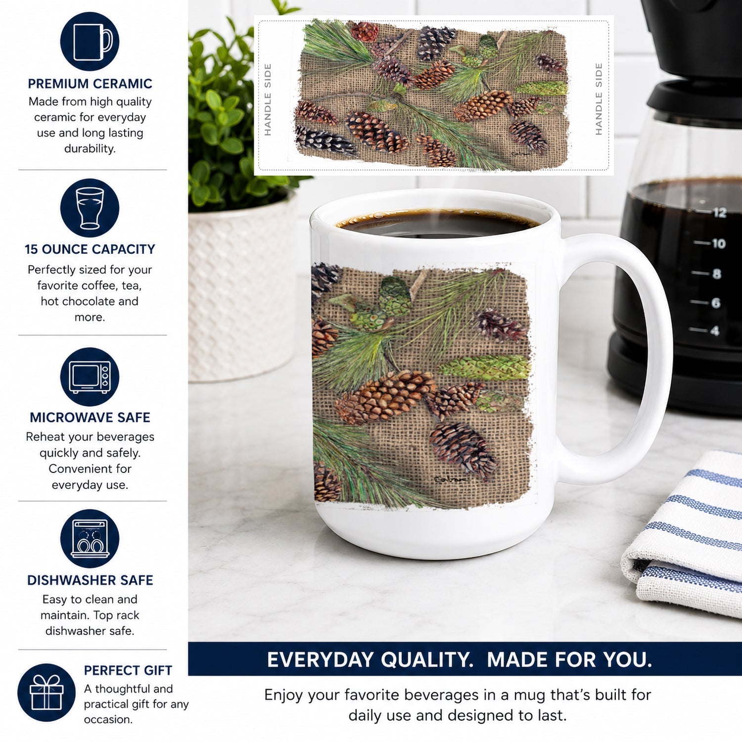 Pine Cones Ceramic Coffee Mug 15 oz Decorative Large C Handle Mug Cup for Tea, Cocoa Hot Chocolate