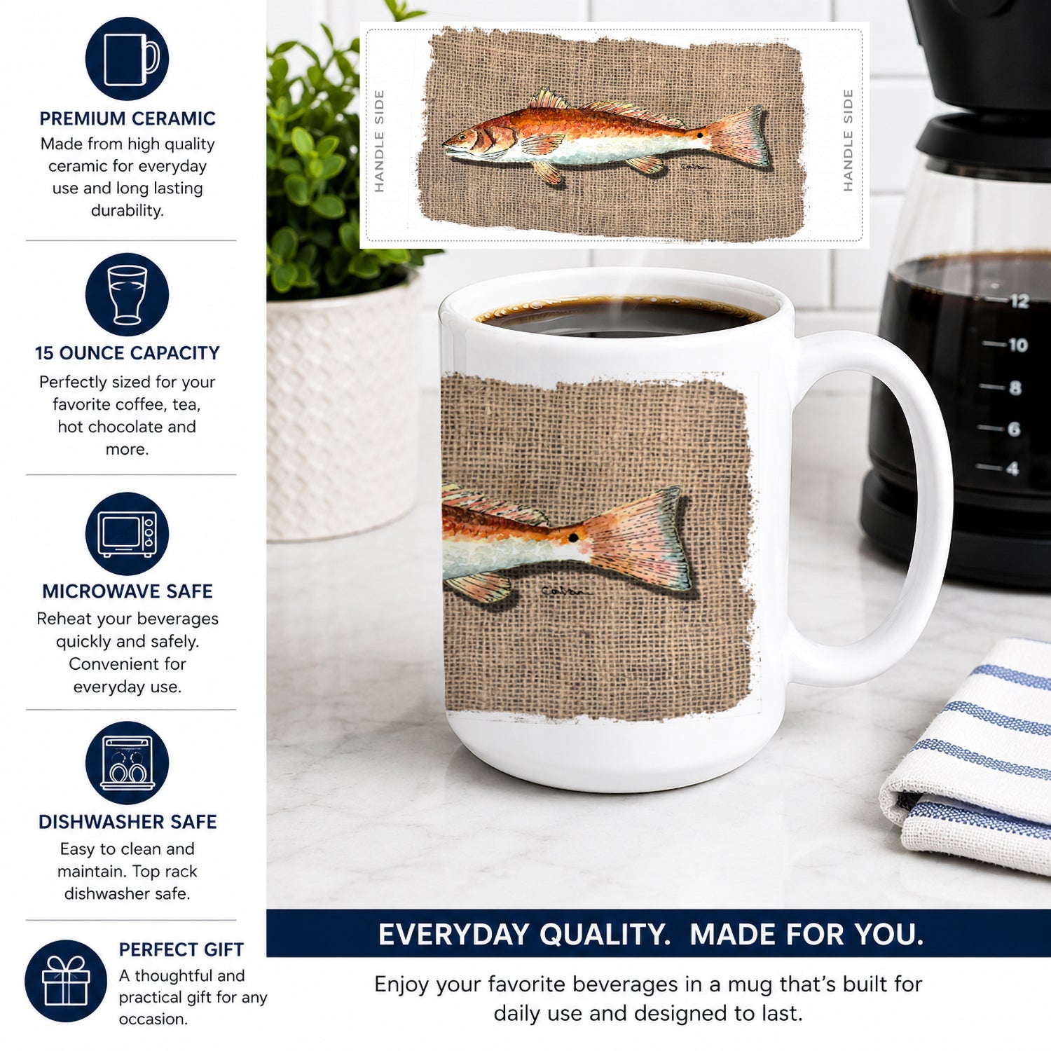 Red Fish Ceramic Coffee Mug 15 oz Decorative Large C Handle Mug Cup for Tea, Cocoa Hot Chocolate