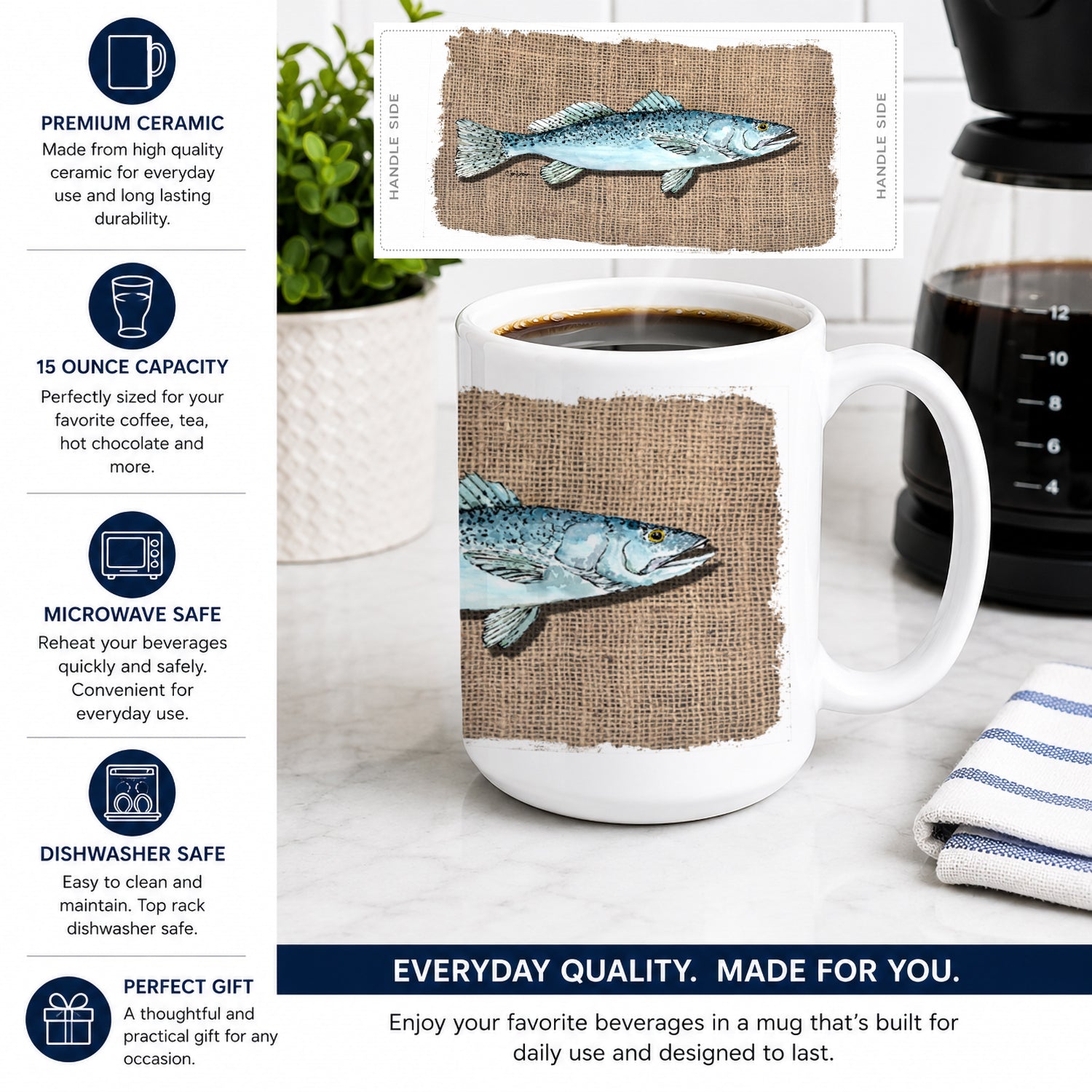 Fish Speckled Trout Ceramic Coffee Mug 15 oz Decorative Large C Handle Mug Cup for Tea, Cocoa Hot Chocolate