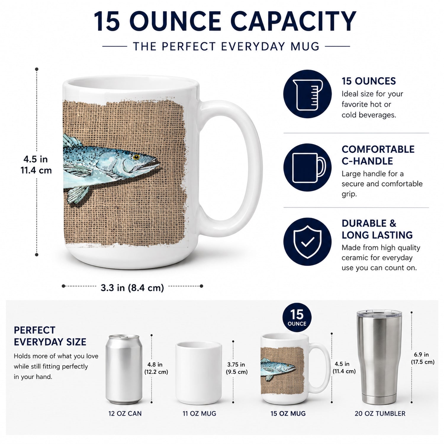 Fish Speckled Trout Ceramic Coffee Mug 15 oz Decorative Large C Handle Mug Cup for Tea, Cocoa Hot Chocolate