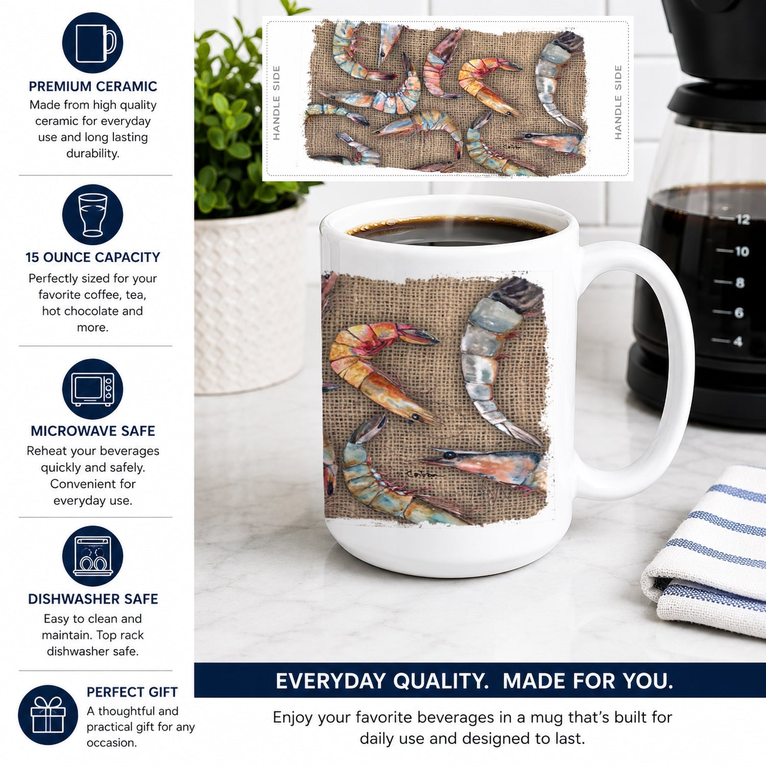 Shrimp Ceramic Coffee Mug 15 oz Decorative Large C Handle Mug Cup for Tea, Cocoa Hot Chocolate