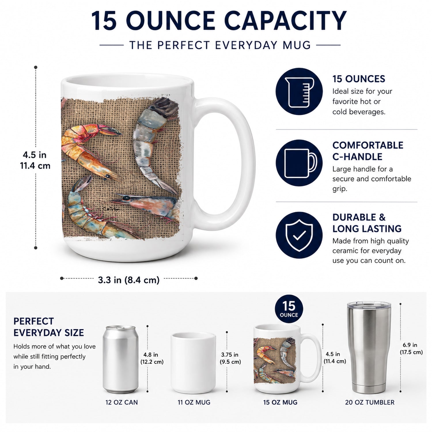 Shrimp Ceramic Coffee Mug 15 oz Decorative Large C Handle Mug Cup for Tea, Cocoa Hot Chocolate