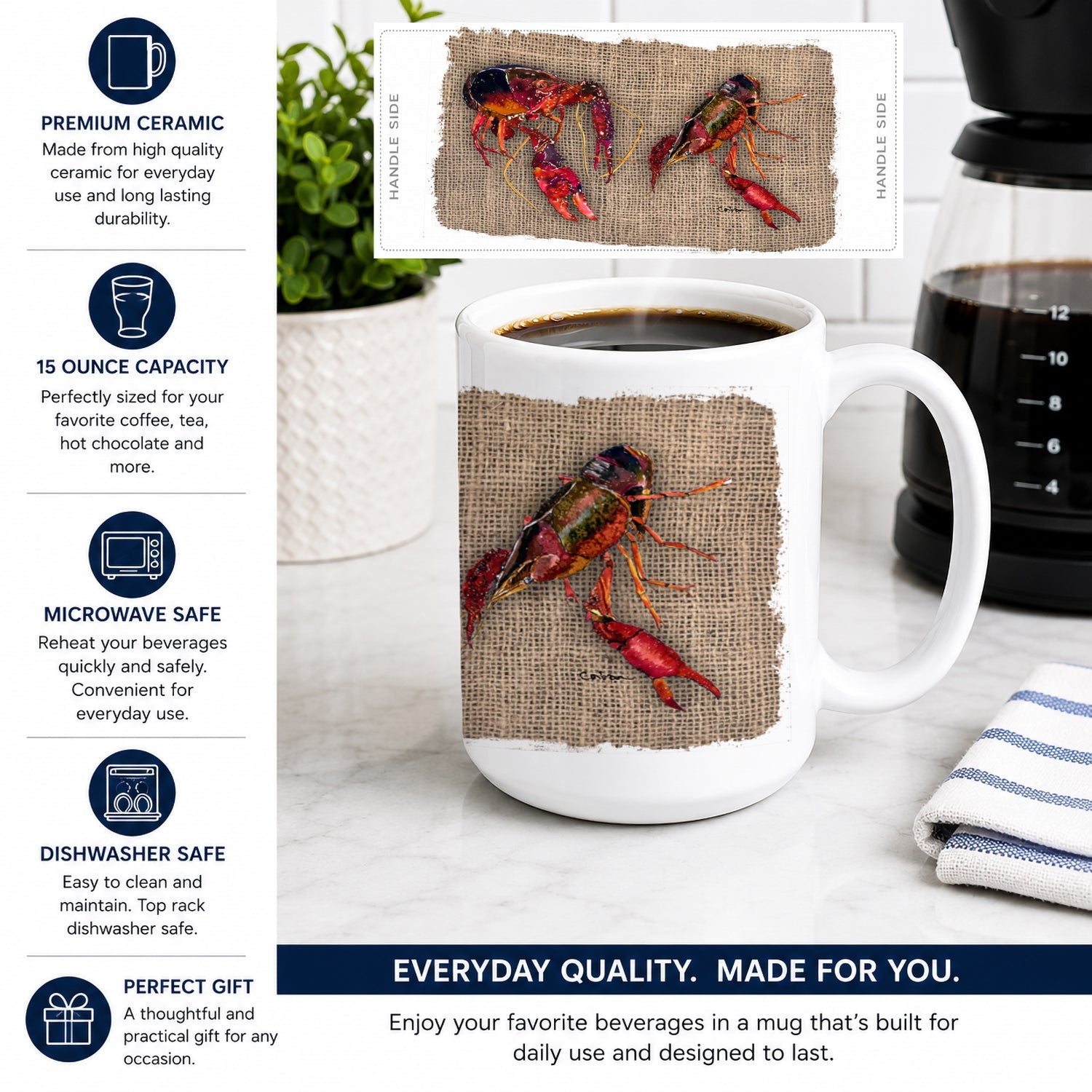 Crawfish Ceramic Coffee Mug 15 oz Decorative Large C Handle Mug Cup for Tea, Cocoa Hot Chocolate