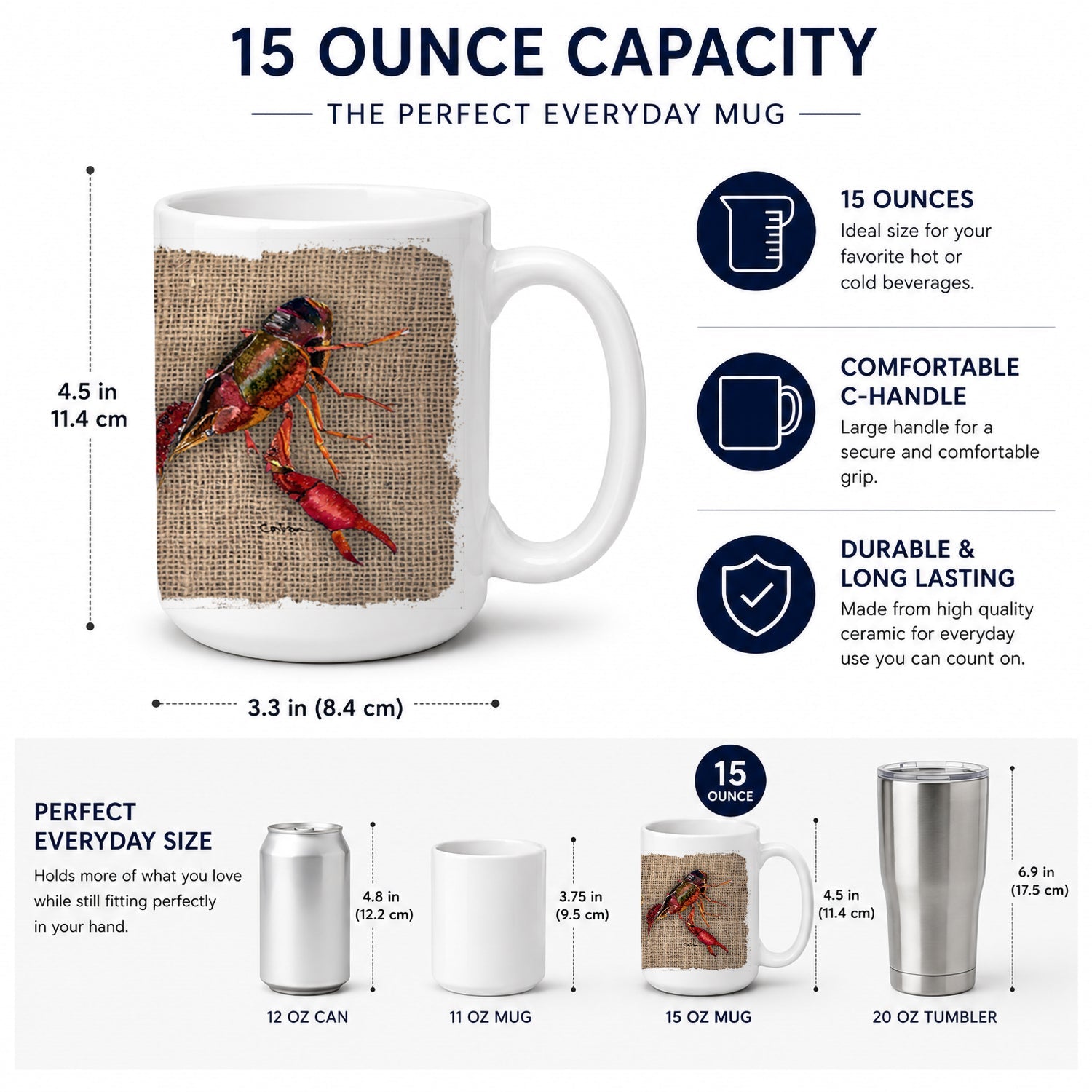 Crawfish Ceramic Coffee Mug 15 oz Decorative Large C Handle Mug Cup for Tea, Cocoa Hot Chocolate