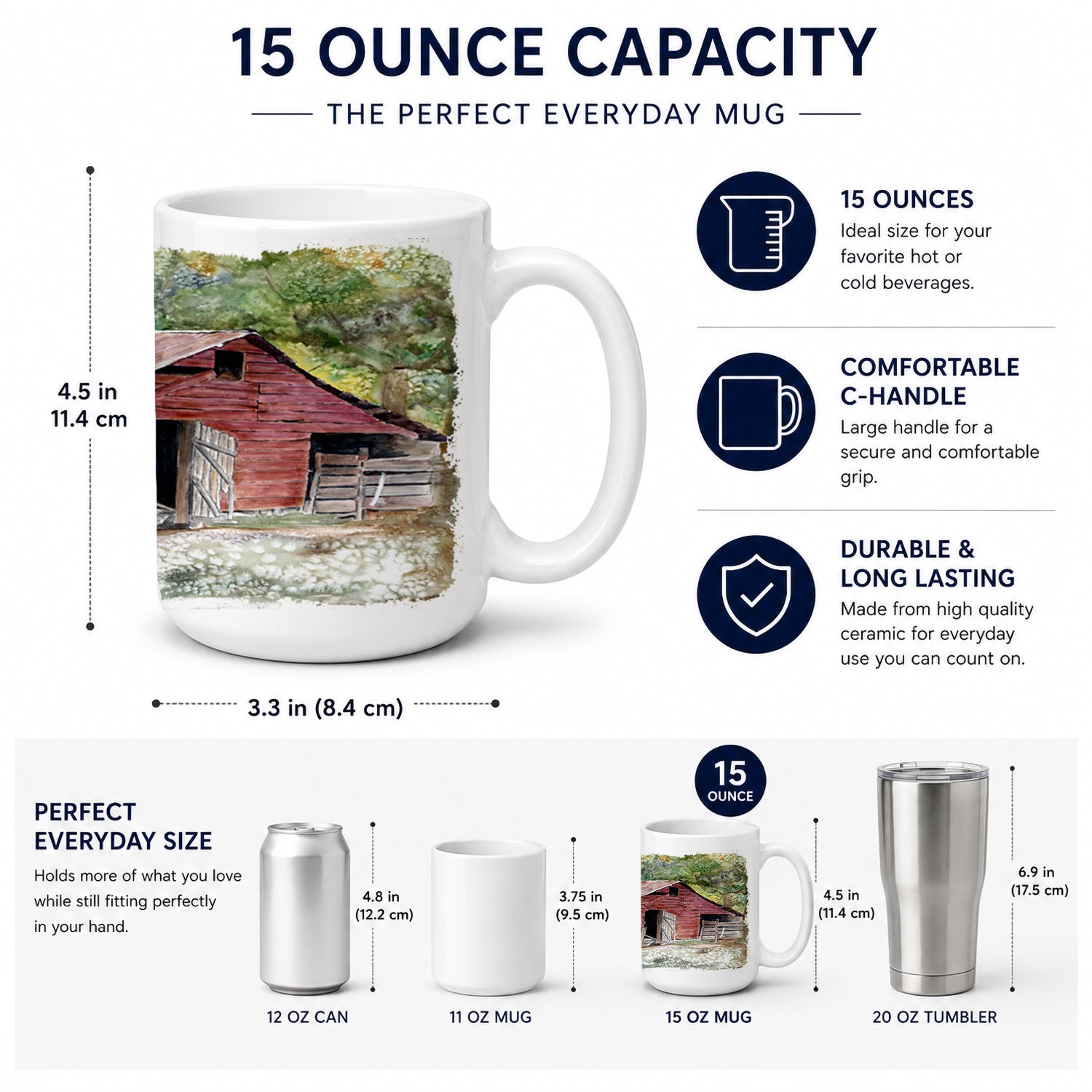 Old Barn Ceramic Coffee Mug 15 oz Decorative Large C Handle Mug Cup for Tea, Cocoa Hot Chocolate